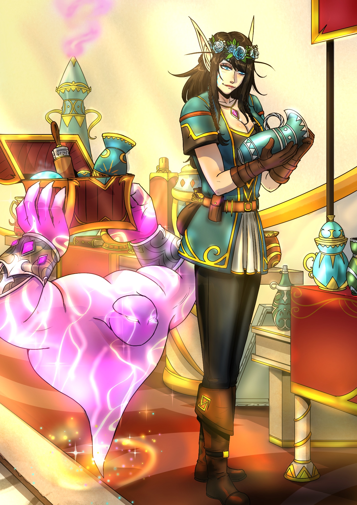 Market.
[Current IC time; In Silvermoon City, Eversong Woods. With: Ankrethanak, the arcane familiar.]

Artist: @bfporker on Fiverr